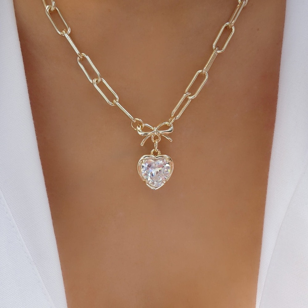 LoveStylize Nora Crystal Heart Necklace Gold Tone‎ Bow Paperclip Chain JC1694